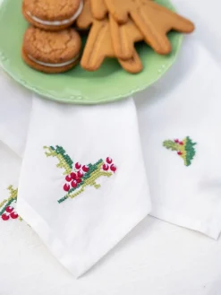 April Cornell Tea Towels|Candy Cane Ecru Cross Stitch Embroidered Tea Napkins
