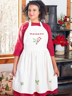 April Cornell Aprons|Candy Cane Ecru Cross Stitch Embroidered Chef Apron