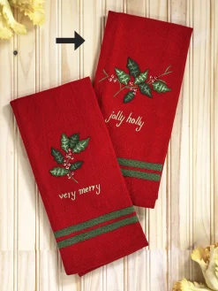 April Cornell Tea Towels|Holly Gingham Jolly Holly Embroidered Tea Towel