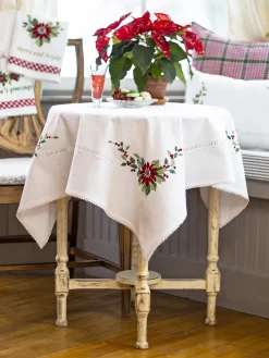 April Cornell Tablecloths|Poinsettia Embroidered Tablecloth, 36" x 36"