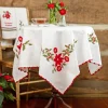 April Cornell Tablecloths|Poinsettia with Red Trim Embroidered Tablecloth, 36" x 36"