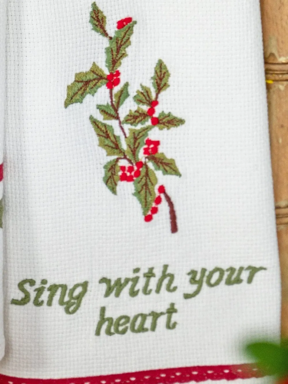 April Cornell Tea Towels|Sing with Your Heart' Holly Embroidered White Tea Towel