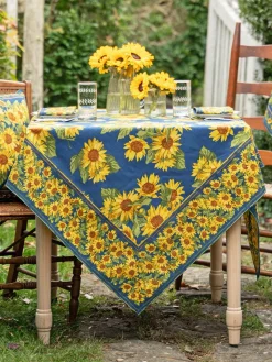 April Cornell Tablecloths|Sunflower Valley Navy Tablecloth, 60" x 90"