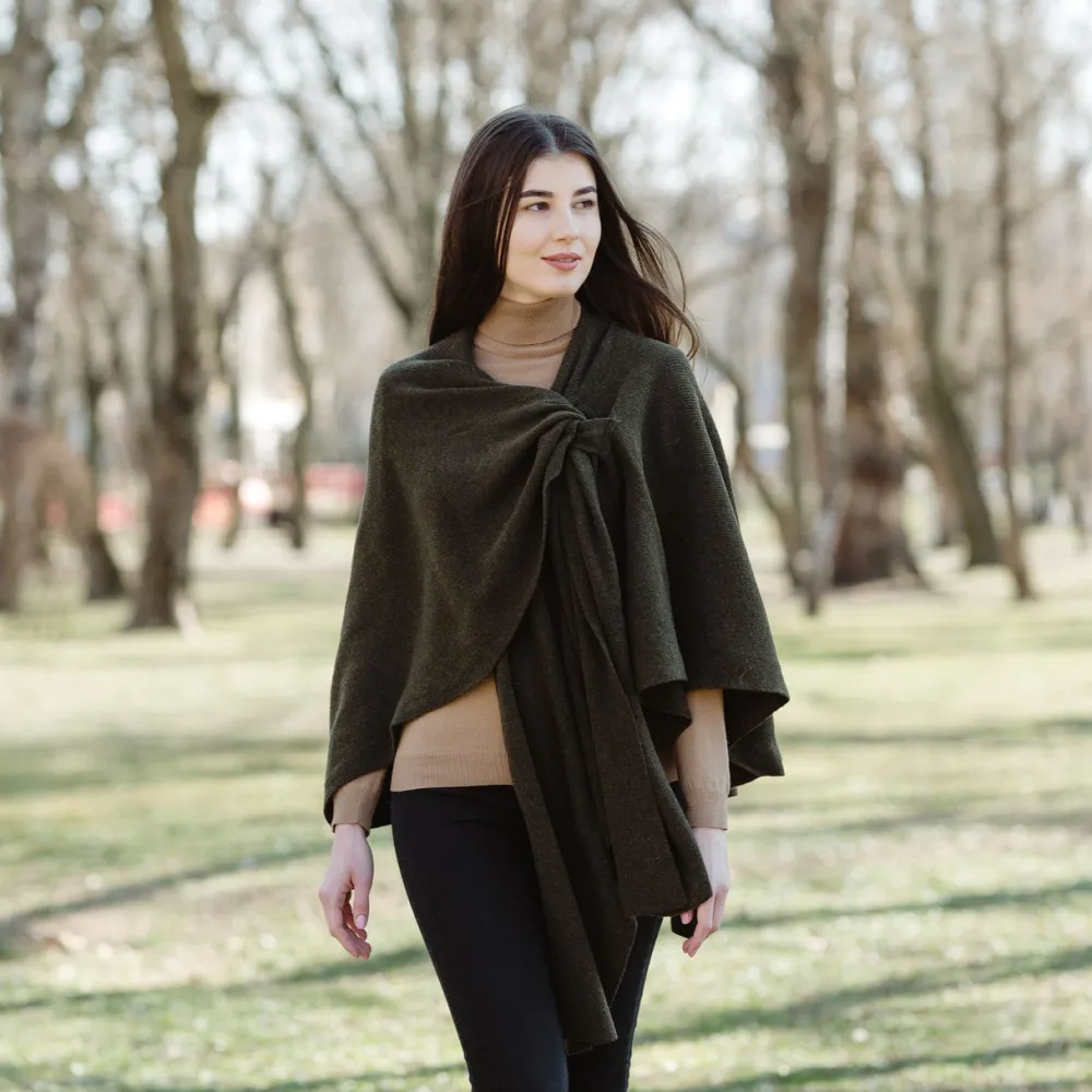 Scarves & Wraps|Army Green Lambswool Draped Shawl