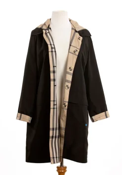 Rainwear & Umbrellas|Black & Plaid Rain Trench Coat with Detachable Hood