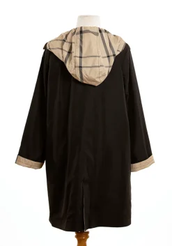Rainwear & Umbrellas|Black & Plaid Rain Trench Coat with Detachable Hood