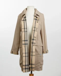 Rainwear & Umbrellas|Camel & Plaid Rain Trench Coat with Detachable Hood