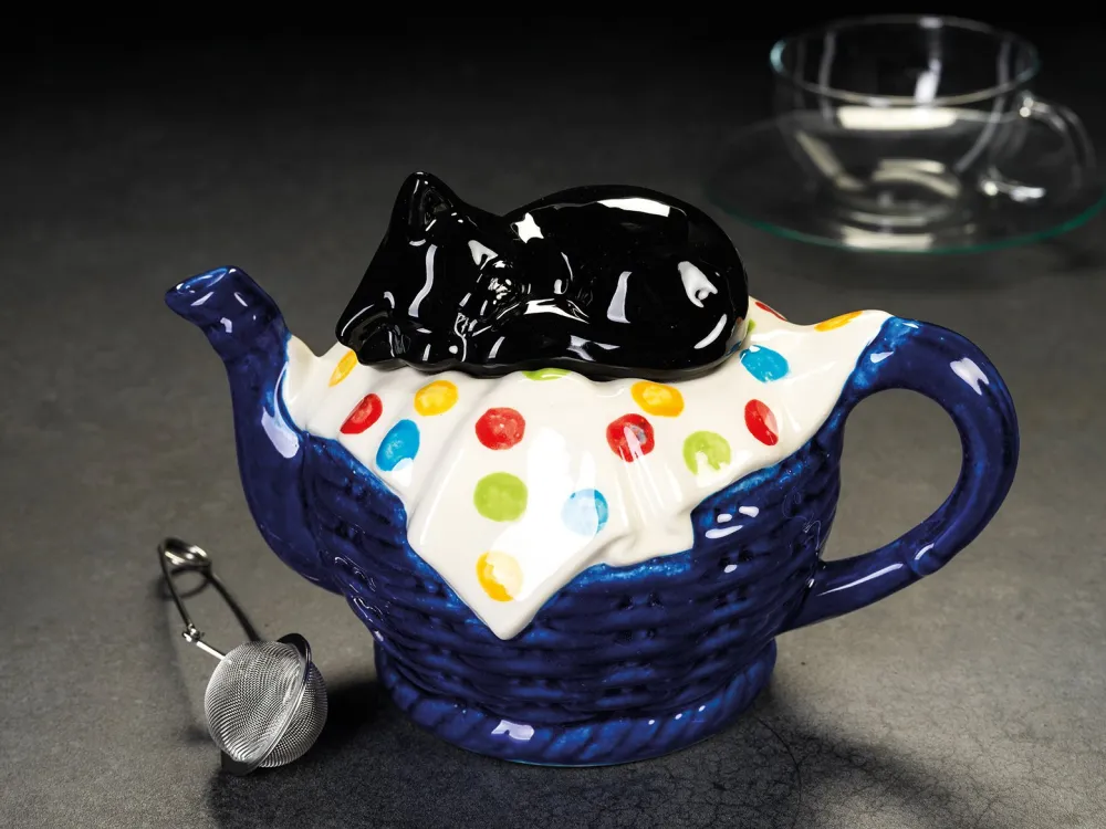 Teapots|Carters of Suffolk Black Cat on Blue Basket Teapot