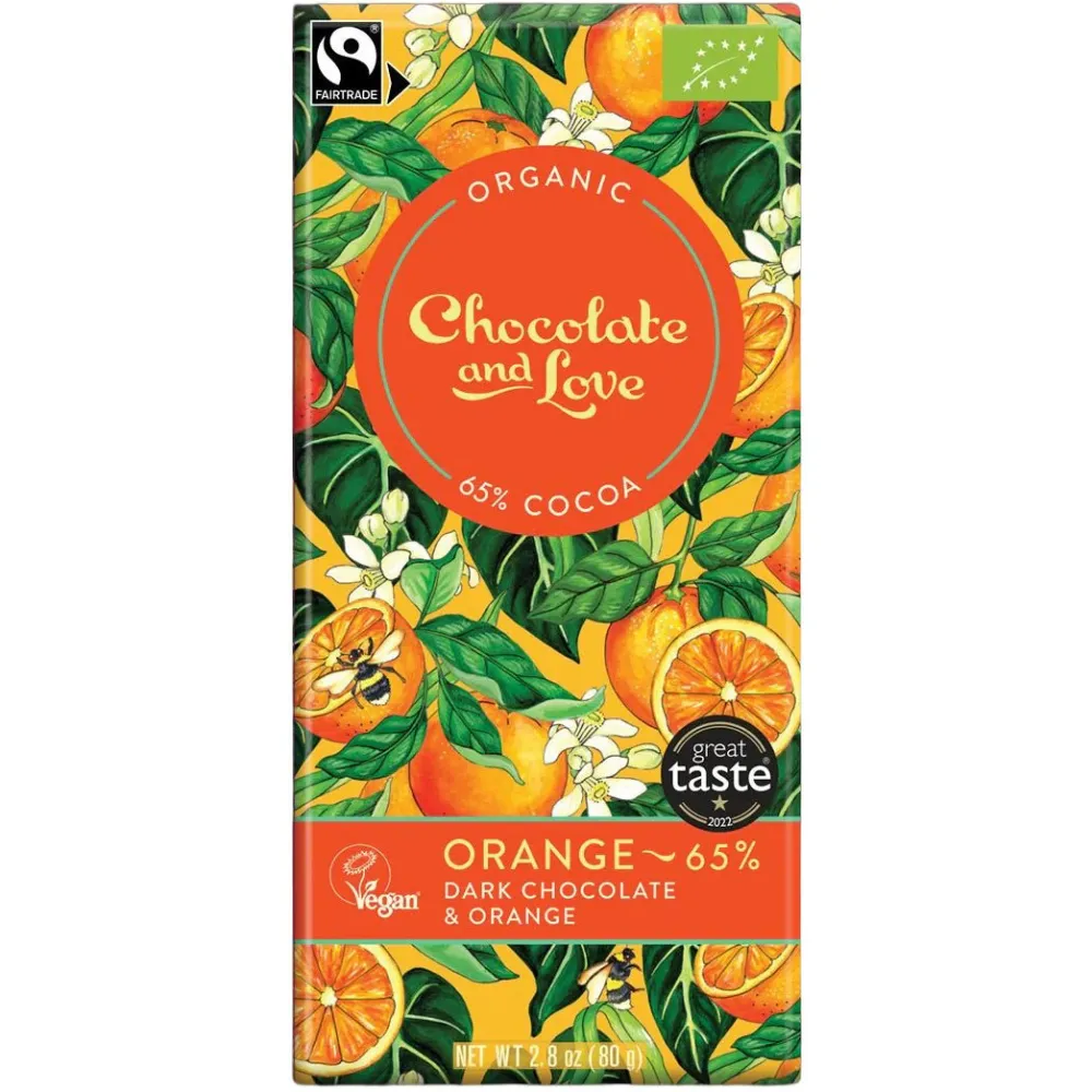 British Chocolate|Chocolate & Love Organic 65% Dark Chocolate & Orange Bar 80g