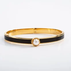 Halcyon Days Bracelets & Bangles|Cabochon Pearl, Black & Gold Hinged Skinny Bangle