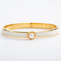 Halcyon Days Bracelets & Bangles|Cabochon Pearl, Cream & Gold Hinged Skinny Bangle
