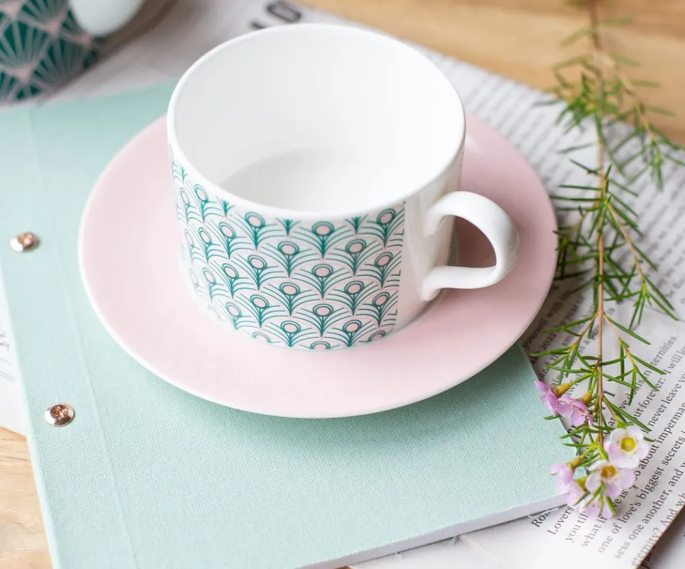 Teacups & Saucers|Jo Deakin Peacock Teal & Blush Pink Cup (Blush Saucer)