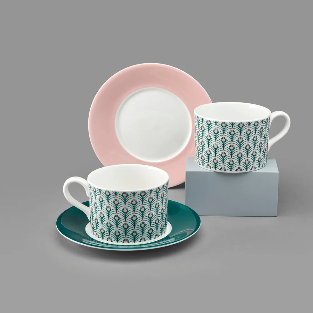 Teacups & Saucers|Jo Deakin Peacock Teal & Blush Pink Cup (Blush Saucer)