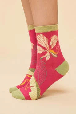 Powder UK Socks|Delicate Tropical Women's Ankle Socks (Dark Rose)