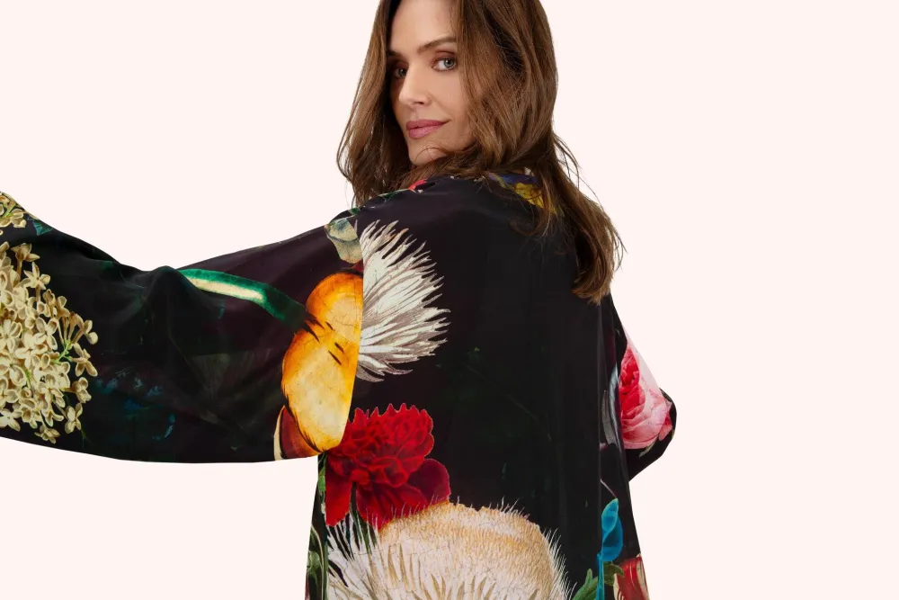 Powder UK Robes, Nightgowns & Dresses|Opulant Florals, Chocolate Mid-Length Kimono