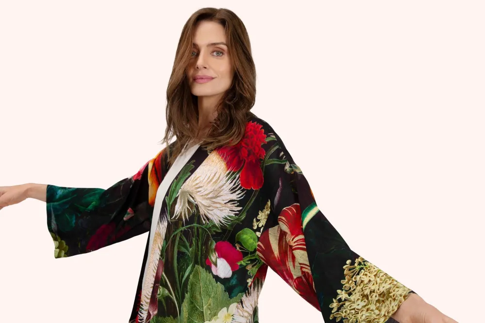 Powder UK Robes, Nightgowns & Dresses|Opulant Florals, Chocolate Mid-Length Kimono