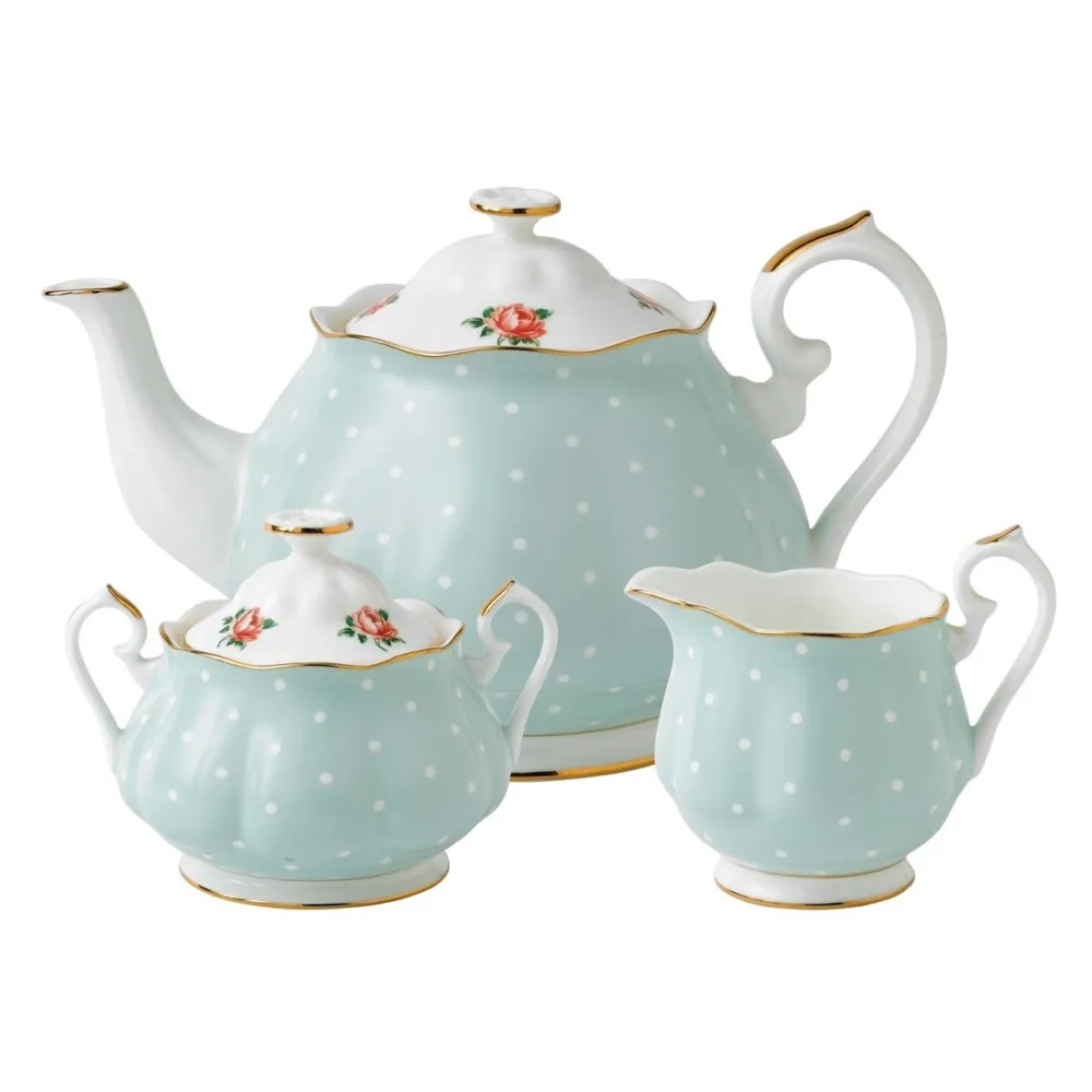 Royal Albert Tea Sets|Teapots|Polka Rose Teapot, Cream & Sugar Set