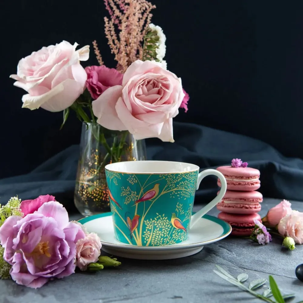 Sara Miller London Teacups & Saucers|Sara Miller Chelsea Collection Green Birds Teacup & Saucer