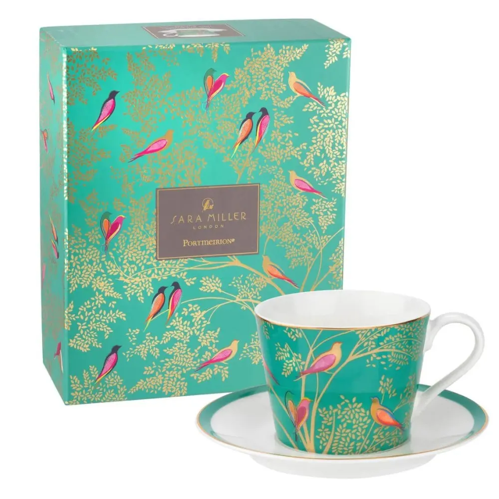 Sara Miller London Teacups & Saucers|Sara Miller Chelsea Collection Green Birds Teacup & Saucer
