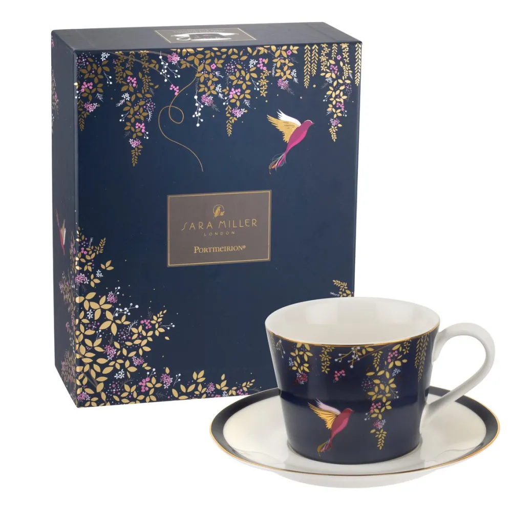 Sara Miller London Teacups & Saucers|Sara Miller Chelsea Collection Navy Birds Teacup & Saucer