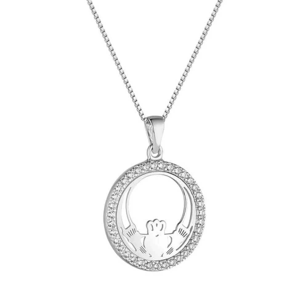 Solvar Necklaces & Pendants|Round Claddagh Sterling Silver & Cubic Zirconia Pendant Necklace