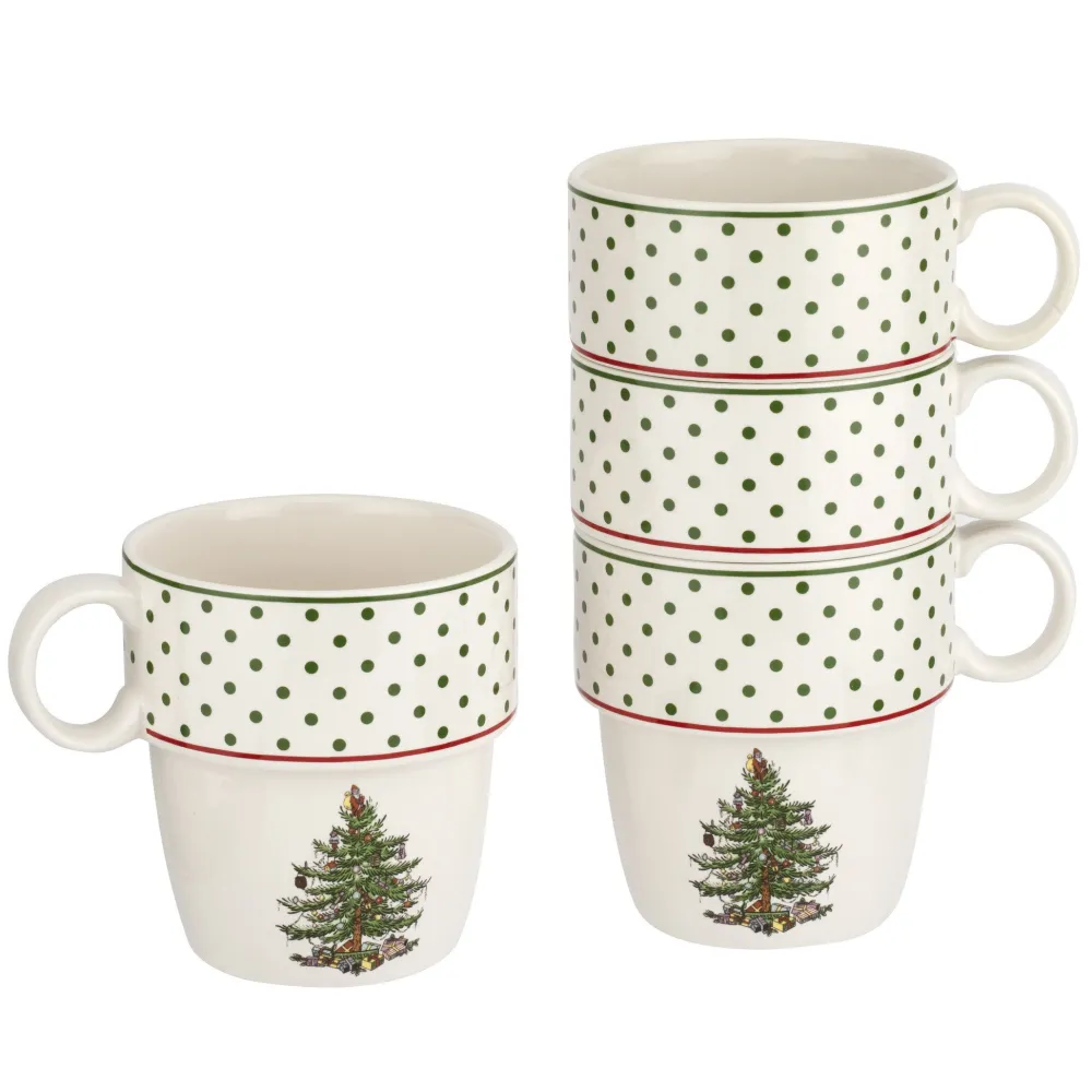 Spode Assorted Mugs|Christmas Tree Polka Dot Stackable Mugs Set