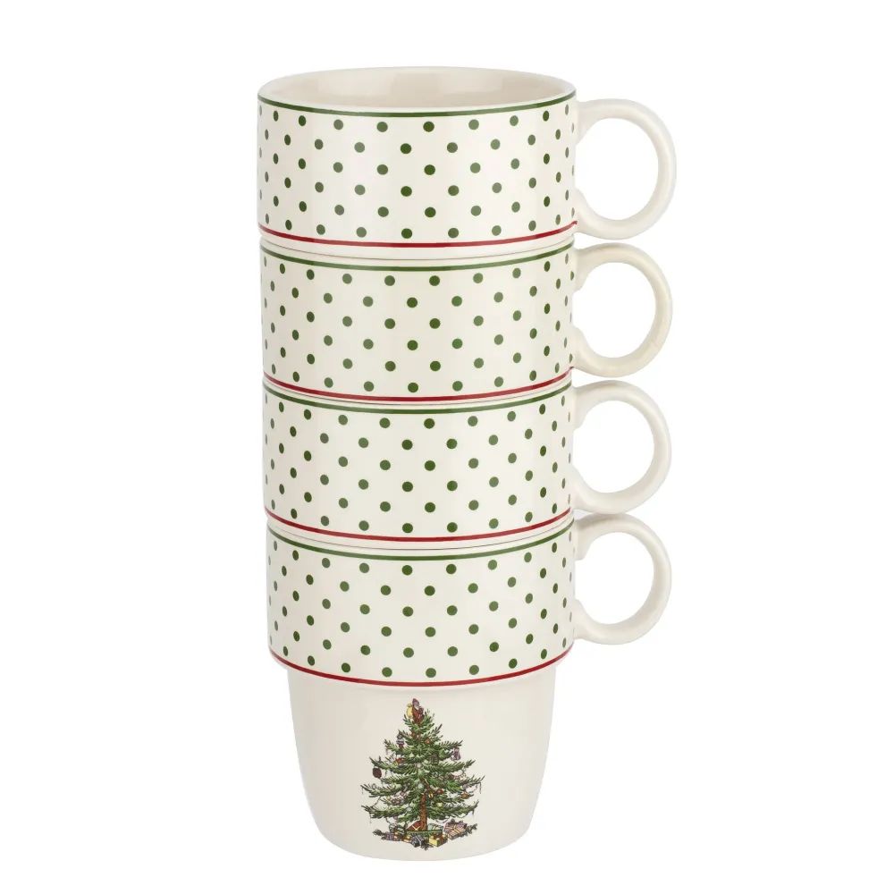 Spode Assorted Mugs|Christmas Tree Polka Dot Stackable Mugs Set