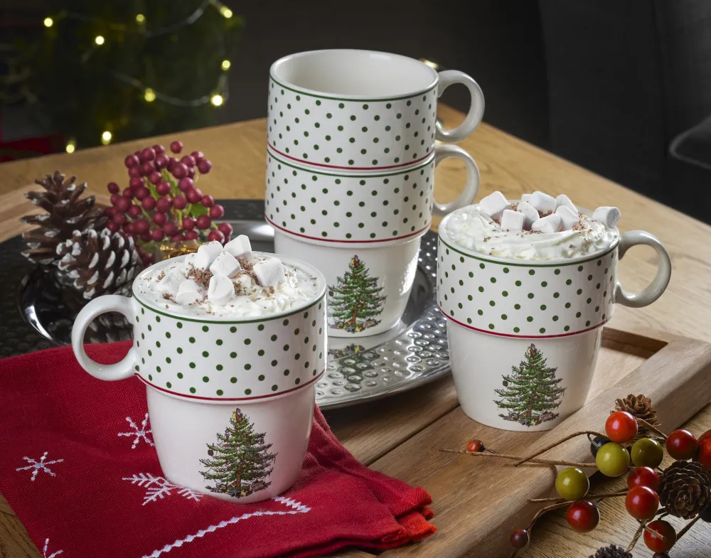 Spode Assorted Mugs|Christmas Tree Polka Dot Stackable Mugs Set