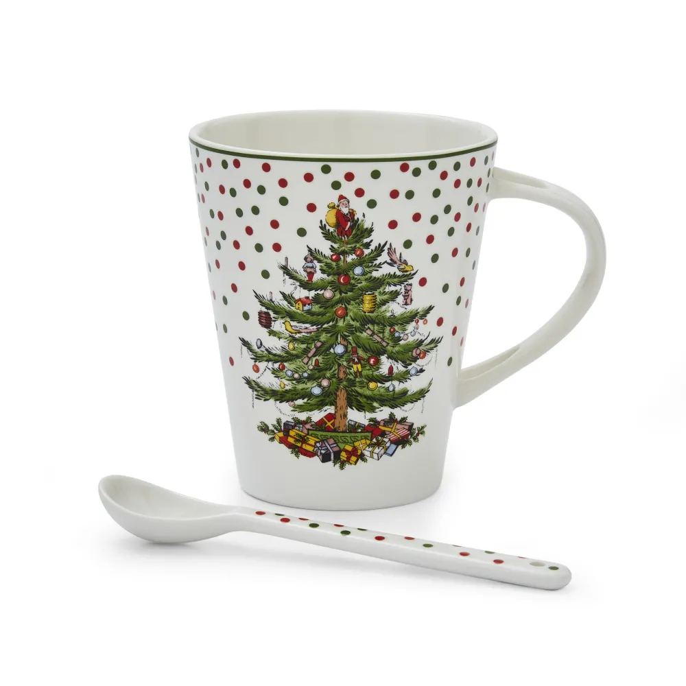 Spode Assorted Mugs|Christmas Tree Polka Dot Mug & Spoon Set