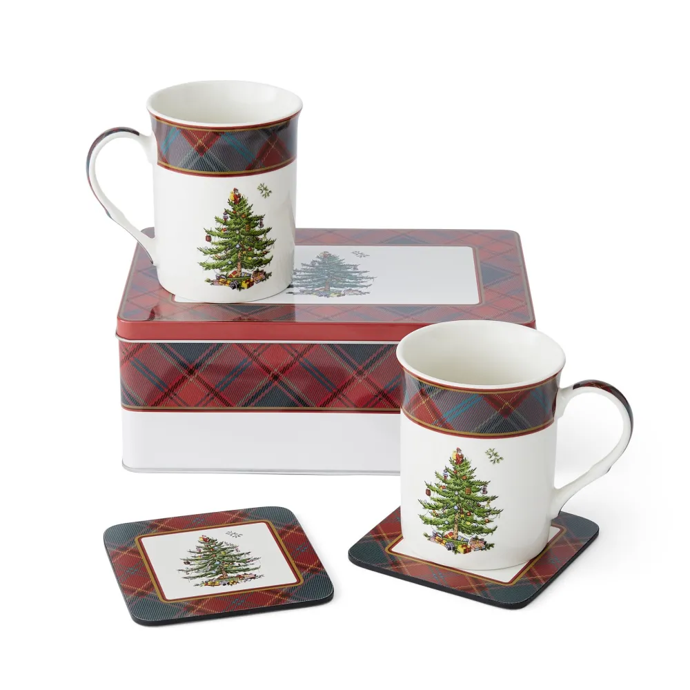 Spode Assorted Mugs|Christmas Tree Tartan 5 Piece Mug and Tin Set