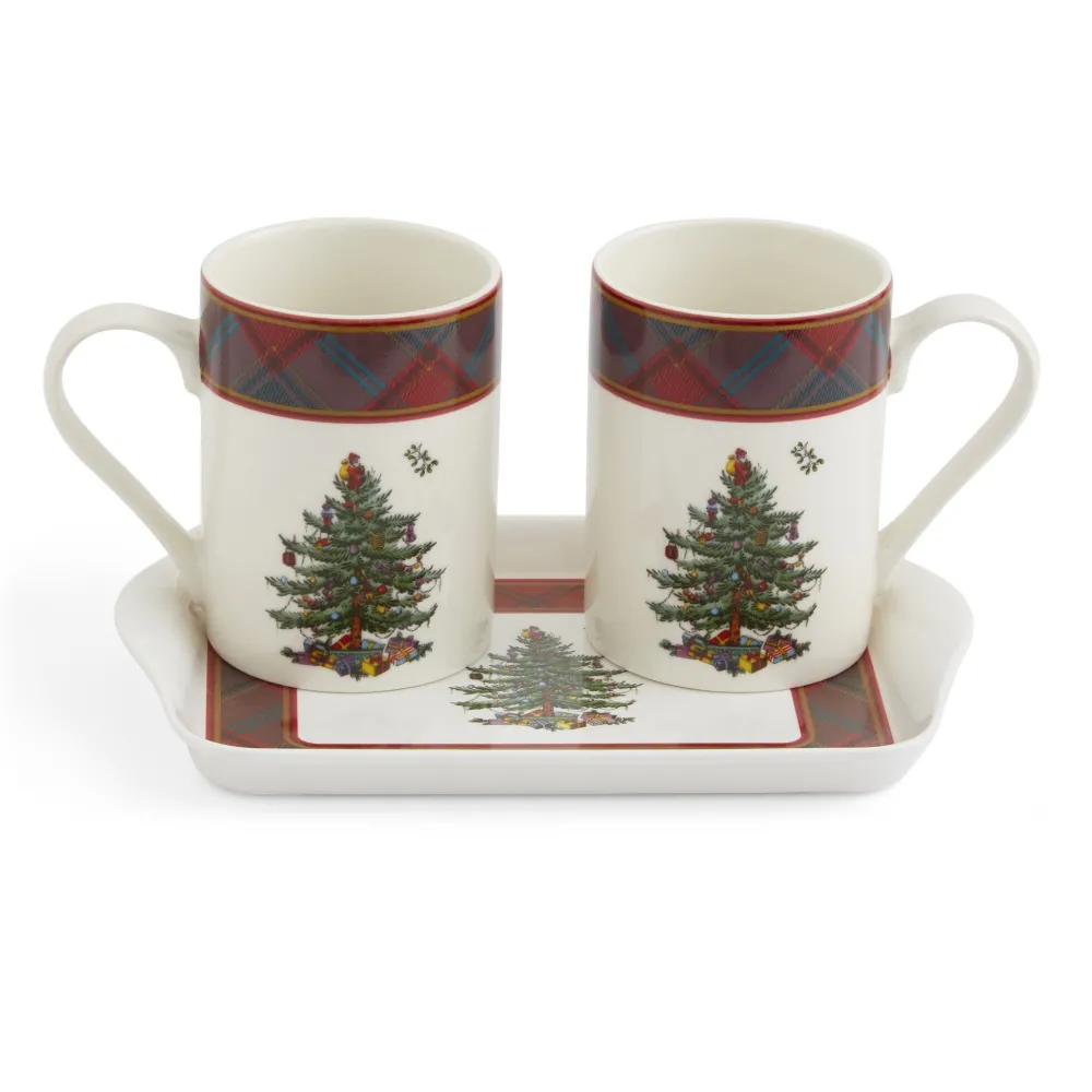 Spode Assorted Mugs|Christmas Tree Tartan Mugs & Tray Set