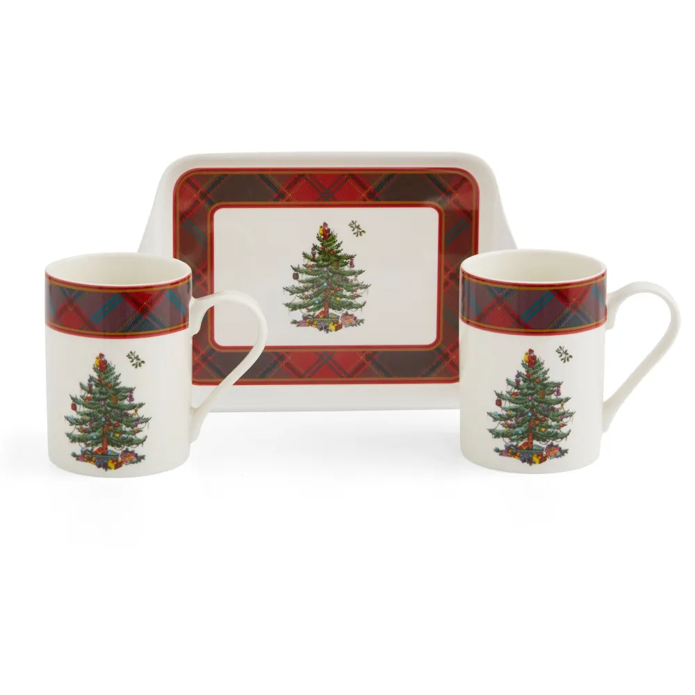 Spode Assorted Mugs|Christmas Tree Tartan Mugs & Tray Set