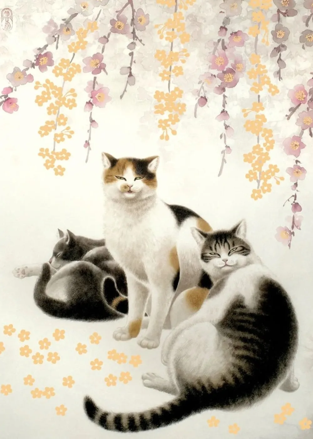 Greeting Cards|Three Cats Sakura Birthday Card