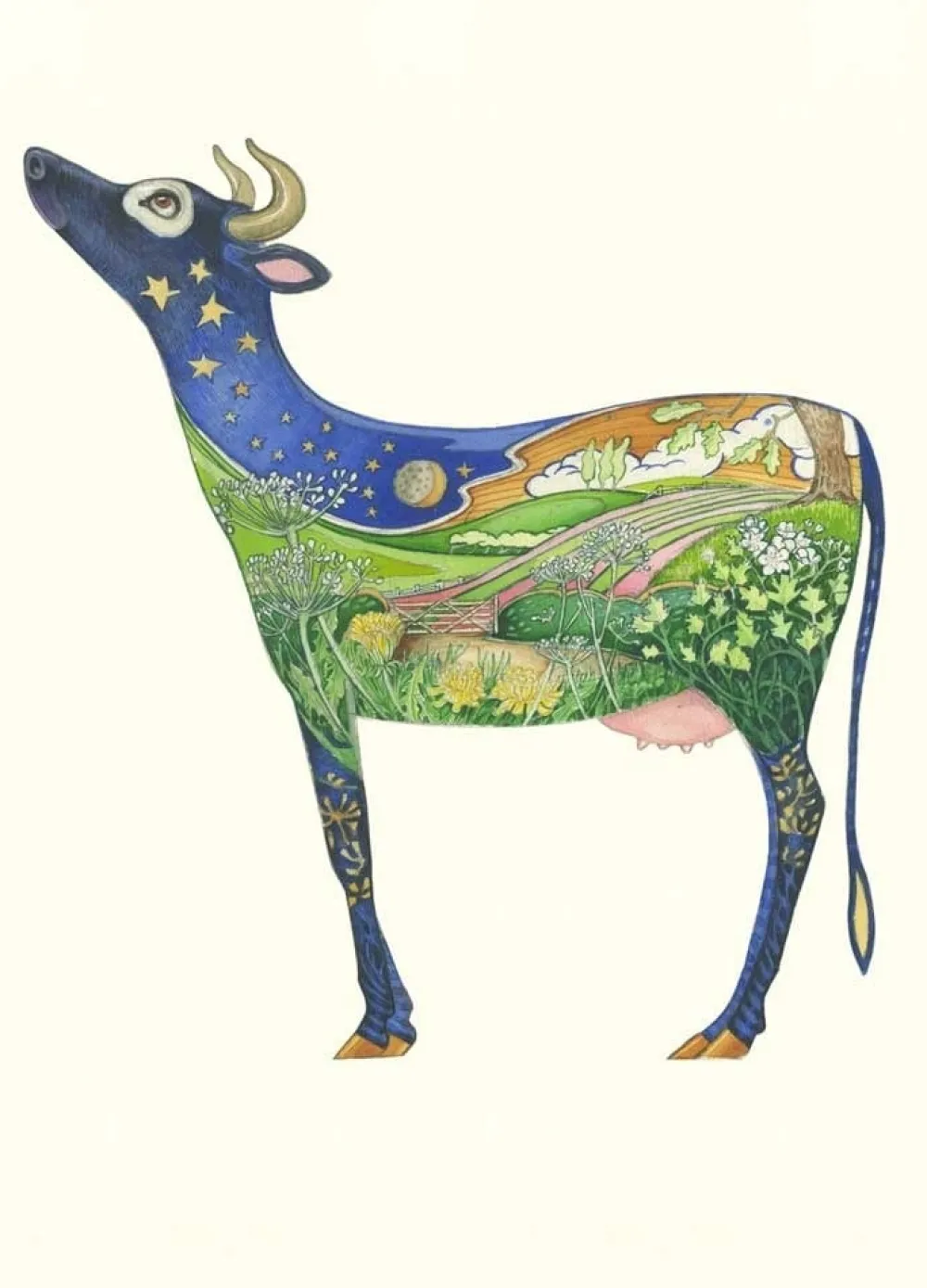 Greeting Cards|Watercolor Cow Looking at the Moon Greeting Card