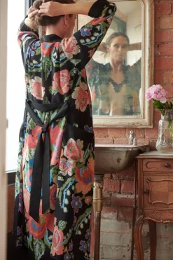 Robes, Nightgowns & Dresses|Woven Flower Black Crepe Robe Gown