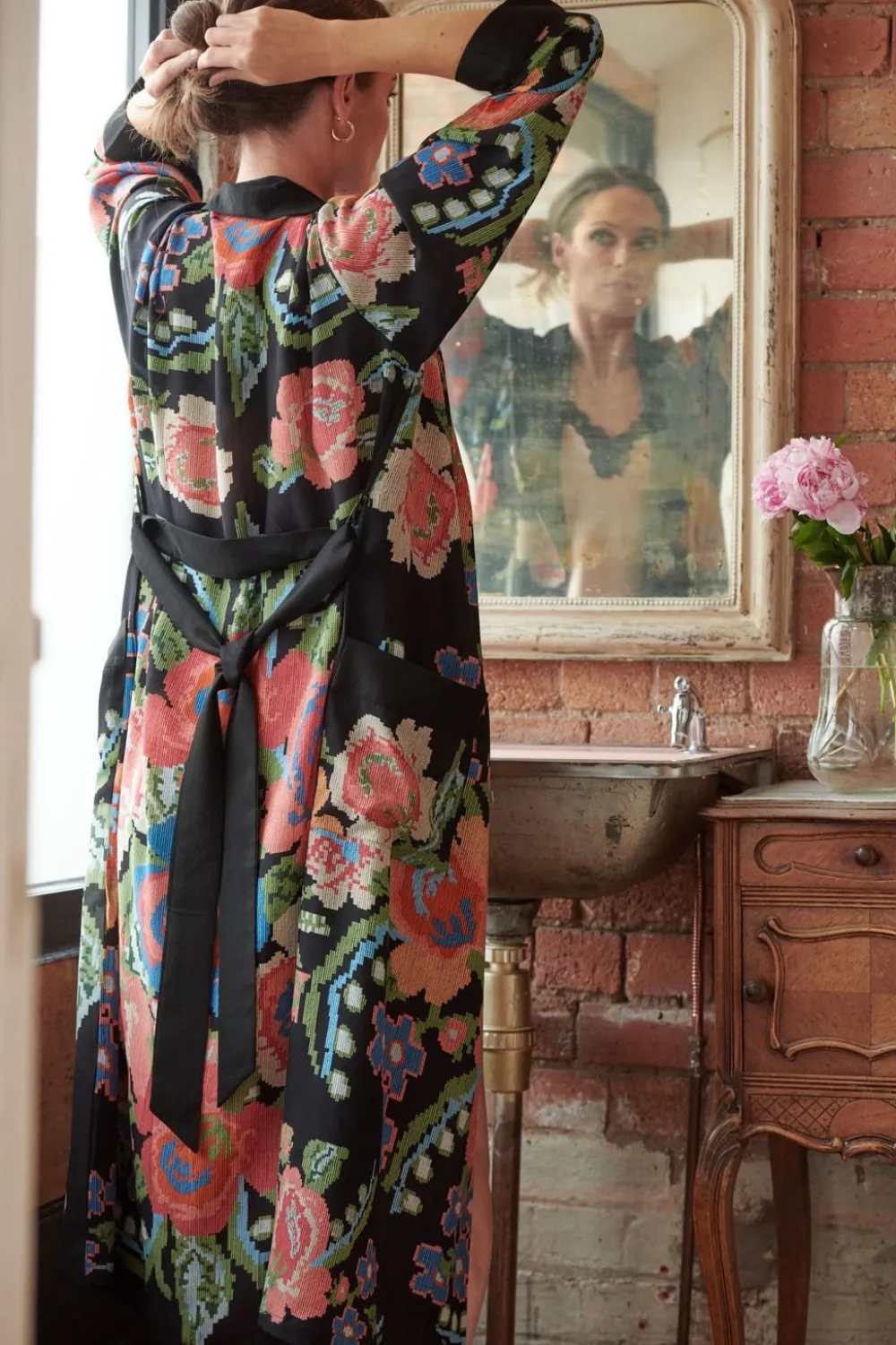 Robes, Nightgowns & Dresses|Woven Flower Black Crepe Robe Gown
