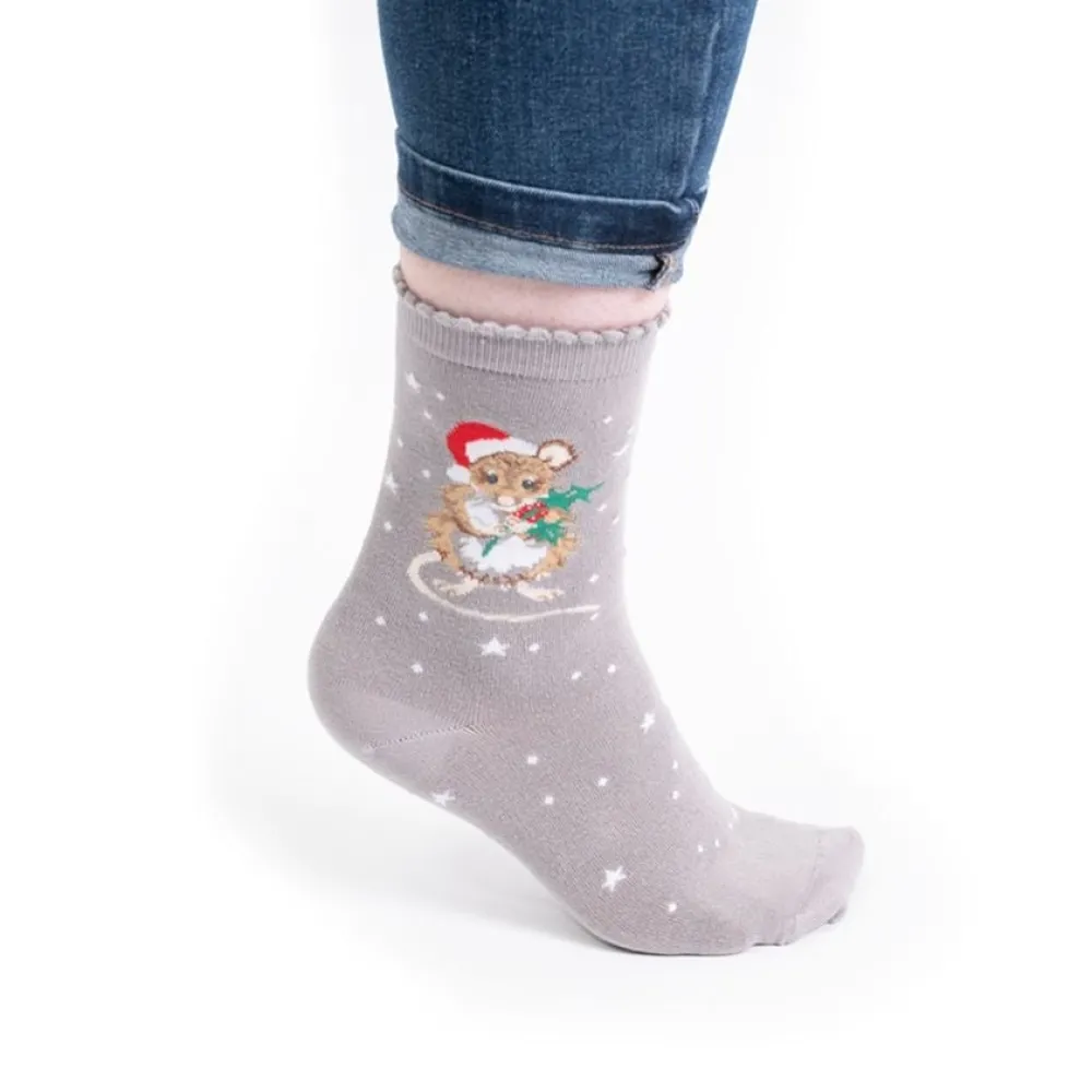 Wrendale Socks|'Christmouse' Mouse Grey Women's Socks