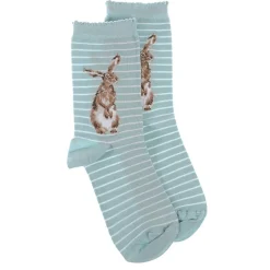 Wrendale Socks|'Hare & the Bee' Hare Striped Pale Blue Women's Socks