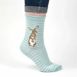 Wrendale Socks|'Hare & the Bee' Hare Striped Pale Blue Women's Socks